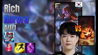 Rich Top Aurora vs Gnar lol KR solo rank Full Game 1423 [upl. by Aremat]