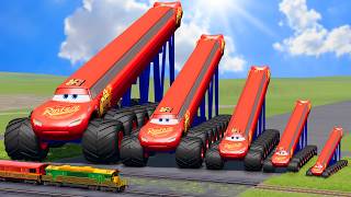 Big amp Small Long amp Tall Lightning Mcqueen with Monster Truck Wheels vs Trains  BeamNGDrive [upl. by Housen]