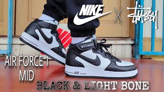 Nike Air Force 1 Mid x Stüssy Black and Light Bone Unboxing and On Feet Review [upl. by Strephon]