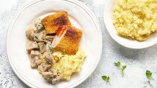 Recette – Escalope milanaise purée aux panais et champignons à la crème – Colruyt [upl. by Ettevol]