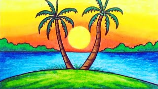 Scenery Drawing  Drawing Sunset Scenery Step by Step with Oil Pastels [upl. by Eatnoid]