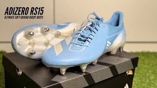 UNBOXING Adizero RS15 Ultimate Soft Ground Rugby Boots Team Light Blue  Zero Metalic Matte Silver [upl. by Gnat]