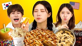 Koreans Try American Desserts For The First Time Apple Pie Cookie Dough Coke Float  KATCHUP [upl. by Hofmann]