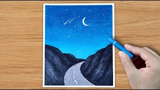 Moonlight scenery drawing with oil pastel  Tutorial shorts [upl. by Longan]