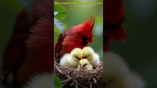 Red Cardinal and three fluffy chicks  Sound of Red Cardinal [upl. by Ellenohs]