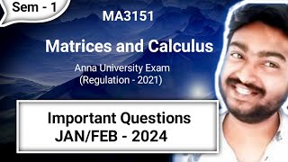 Matrices and Calculus Important questions in Tamil MA3151 JanFeb 2024 Anna University Exam in Tamil [upl. by Salvador]