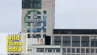 Bayer AG building with spinning logo in Berlin Germany [upl. by Delmer]