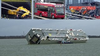 Damaged JCBs Buses amp Cranes Being Unloaded From The Salvaged Ship Hoegh Osaka [upl. by Aroel]