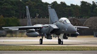 FRIENDLY US AIR FORCE F15 PILOT’S WAVES TO SPOTTERS BEFORE TAKE OFF AT RAF LAKENHEATH  4924 4K [upl. by Rollet370]