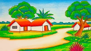 How to draw easy scenery drawing with oil pastel landscape village scenery  village house drawing [upl. by Bubb435]