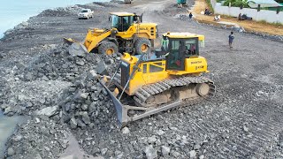 Best Shantui Dozer Driver Pushing Stone Filling Lake With Heavy 25T Dump Truck [upl. by Fernandes136]