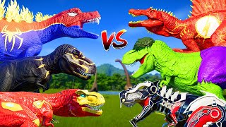 NEW Flash Spinosaurus Fight Hulk TREX And ALL SUPERHERO Dinosaurs  PRO 6 SPIDERMAN TEAM [upl. by Crandale]