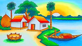 how to draw easy scenery drawing with oil pastel landscape village scenery drawing step by step [upl. by Norit]