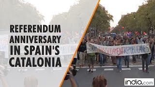 Protesters block roads to mark anniversary of referendum in Spains Catalonia [upl. by Schlessel281]