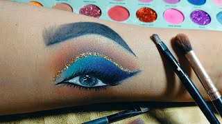 blue amp golden glitter eye makeup tutorial  eye makeup for hand  step by step eye makeup on hand [upl. by Yeo69]