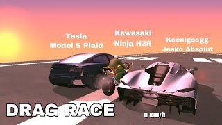 Kawasaki Ninja H2R Vs Tesla Plaid Vs Koenigsegg Jesko Absolut DRAG RACE 1 Mile [upl. by Felty]