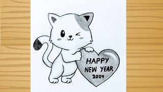 Happy New year Drawing  2024  New year 2024 drawing tutorial for beginners  Art video easy [upl. by Ereynihc]