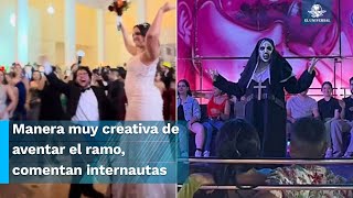 ¿Nueva tradición Novia imita a la monja viral para aventar el ramo en su boda [upl. by Etnaihc]