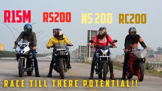 R15M vs Rs200 vs Ns200vs Rc200  Long race  Which one is fastest in bs6 [upl. by Zerk]