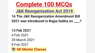 100 TOP Mcqs on JampK REORGANISATION Act 2019 Complete in One VideoJkssbJkp Patwari JAssistant [upl. by Ballman]