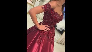 2018 Long Ball Gown OfftheShoulder Satin Burgundy Prom Dresses  HEBEOS [upl. by Wolenik18]