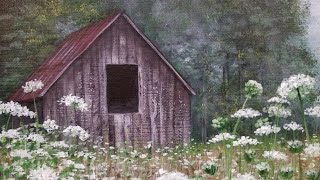 Rustic Barn in Wildflowers Landscape Acrylic Painting Tutorial LIVE [upl. by Damalis724]