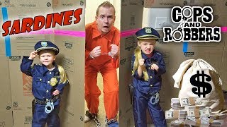 SHACKLED SARDINES in a HUGE BOX FORT MAZE Cops and Robbers Family Hide and Seek Game [upl. by Mehcanem]