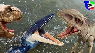 INDOMINUS Vs MOSASAURUS Vs TREX 🦖 Jurassic World  Backyard Battles [upl. by Ike]