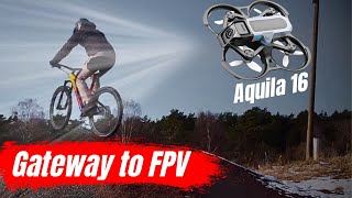 Aquila16 beginner FPV Kit REVIEW  I want to chase mountain bikers [upl. by Aikit]