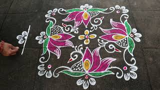 Simple Peacock Rangoli Designs  7x3 Dots New Year 2023 Kolam  New Year Side Border Rangoli Designs [upl. by Vigen]