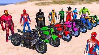 SPIDERMAN vs SUPERHEROES RACING MOTORBIKES JUMP OVER Challenge on CITY MEGA RAMP  HULK Beach RACING [upl. by Harper]