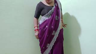 ultra low waist style saree wear with black blouse  purple saree draping in ultra low waist style [upl. by Caasi]