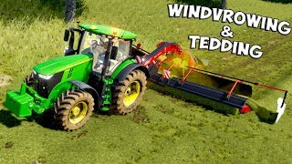 Farming Simulator 19  WINDROWING amp TEDDING  John Deere 7R Series amp MF 7700 [upl. by Nylear]