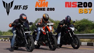 2023 Bajaj Pulsar NS 200 BS7 vs KTM Duke 200 BS3 vs Yamaha MT15 Drag Race [upl. by Bili]