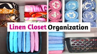 Linen Closet Organization  Bedsheets Blankets Towel and Curtains Storage Ideas  Simply Organized [upl. by Kizzie]