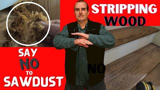 HOW TO STRIP AND SAND WOOD floors STAIRS handrails NO DUST dustless removal of old stain finish DIY [upl. by Ainoyek696]