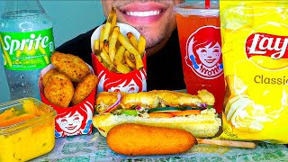 wendy’s vs subway asmr mukbang corndog sub sandwich fries frosty ice cream chips no talking jerry [upl. by Tsnre]