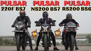 Pulsar 220f BS7 vs Pulsar NS200 BS7 vs Pulsar RS200 BS7 Drag Race  The UP46 Rider [upl. by O'Brien]