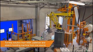 Robot palletizer load securing and pallet conveyor systems from a single source [upl. by Nibas]