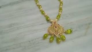 beads necklace green colour beads and gold colour beads [upl. by Aerdnahs]