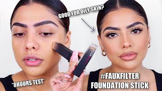 HUDA BEAUTY FAUXFILTER FOUNDATION STICK REVIEW amp FIRST IMPRESSION 8HOURS TEST  Andrea Roman [upl. by Wiebmer]