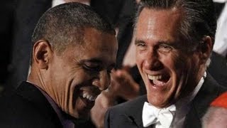 Obama and Romney trade jokes at New York charity dinner [upl. by Nickolaus789]