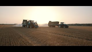 Spreading gypsum in Finland  2x Bergman spreaders  New Holland T7 tractors [upl. by Ellierim]