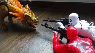 Crawling Spiderman amp Stormtrooper Sniper With Laser Gun Toy Battles A Bad Flying Dragon Dinosaur [upl. by Lladnew]