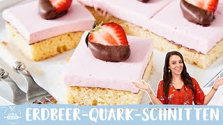 ErdbeerQuarkSchnitten vom Blech 🍓 Schmeckt wie Yogurette in Kuchenform  Einfach Backen [upl. by Annoiek888]