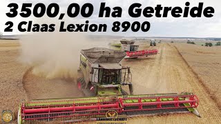 Großeinsatz Getreideernte 3500ha mit 2 Claas Lexion 8900 mit jeweils 1380m Convio Schneidwerk 2022 [upl. by Atte]