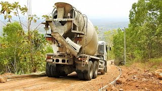 Hino 500 Ready Mix Cement Truck Delivering Pouring Concrete On Hill Road Construction [upl. by Duwad459]