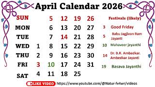 April Calendar 2026 aprilcalender2026 [upl. by Peggie]