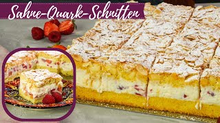 Schnelle und einfache SahneQuarkSchnitten mit Erdbeeren und Himbeeren  Blechkuchen [upl. by Granlund685]