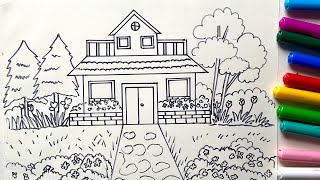 Easy House and Garden Scenery Drawing for kidsPART 01  How to draw house and garden scenery [upl. by Erdied]